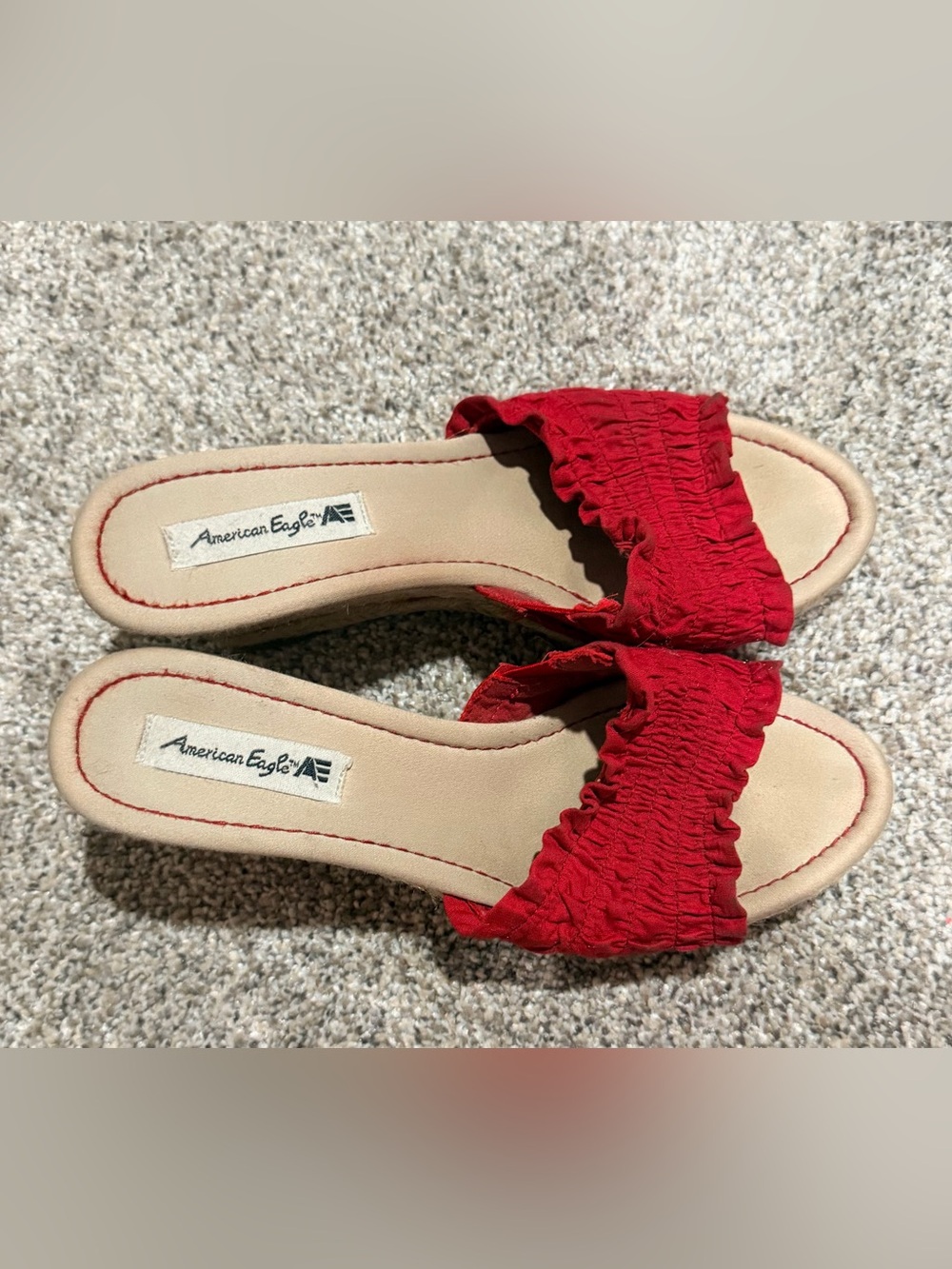 American Eagle Outfitters Red Ruffle Slide Wedge Sandals